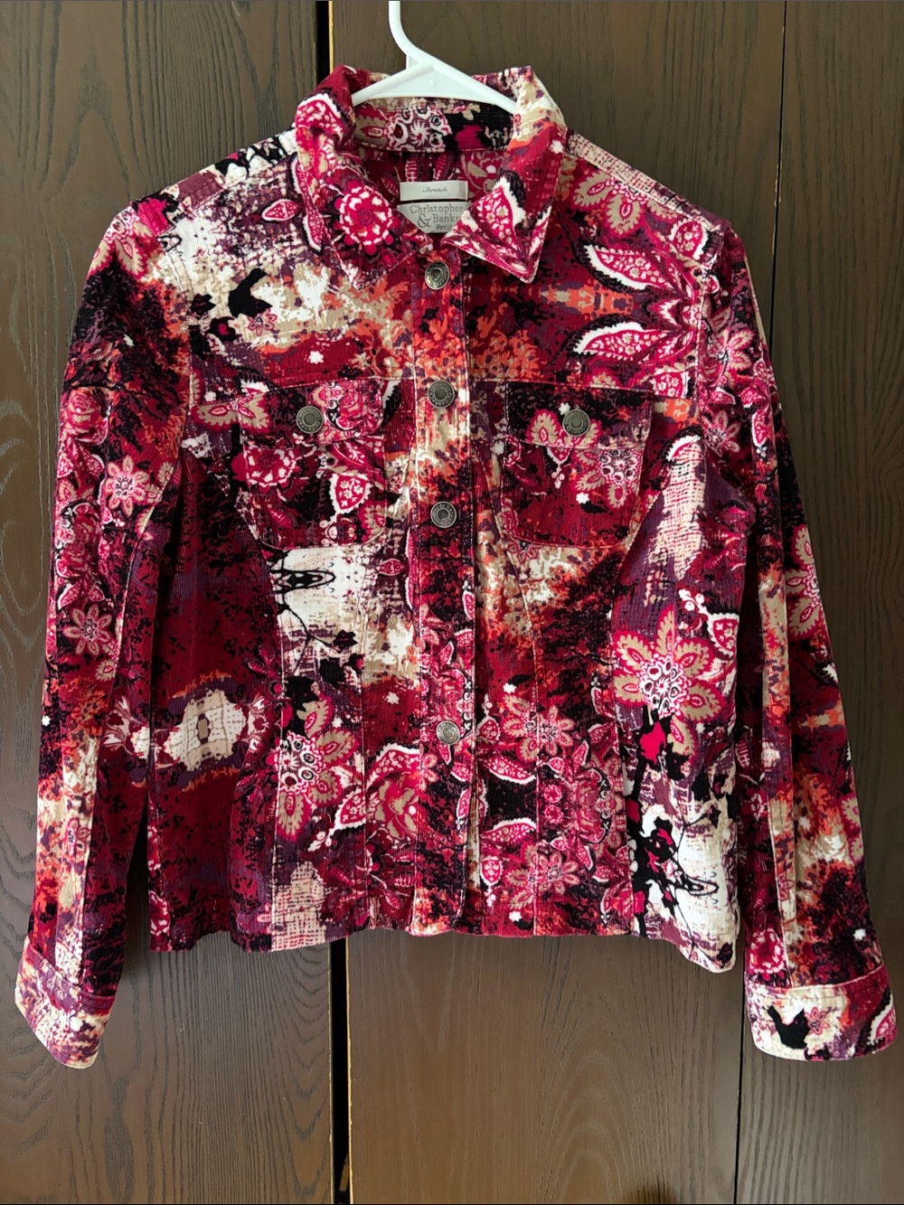 Christopher & Banks Red Pink Floral Corduroy Jean Jacket. Size Small P